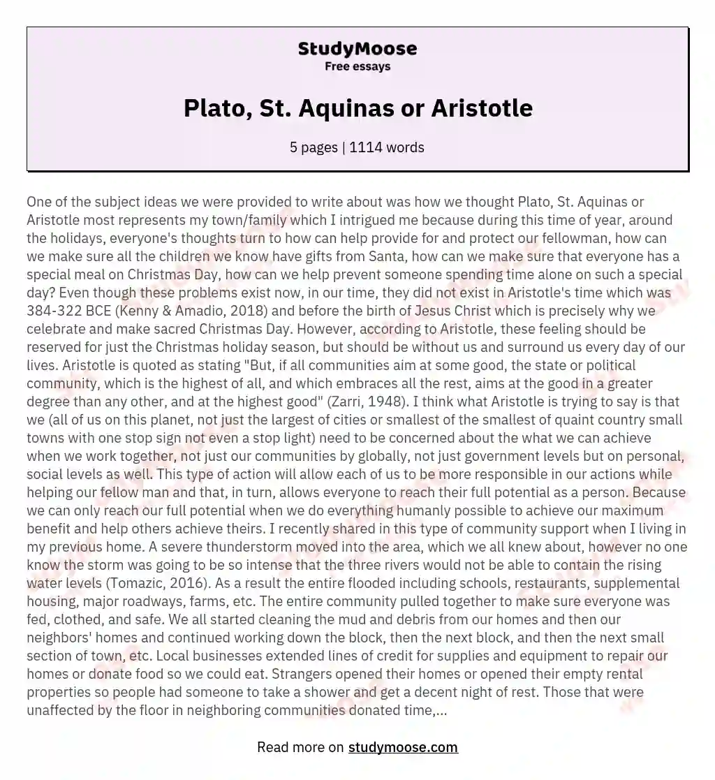Plato, St. Aquinas or Aristotle essay