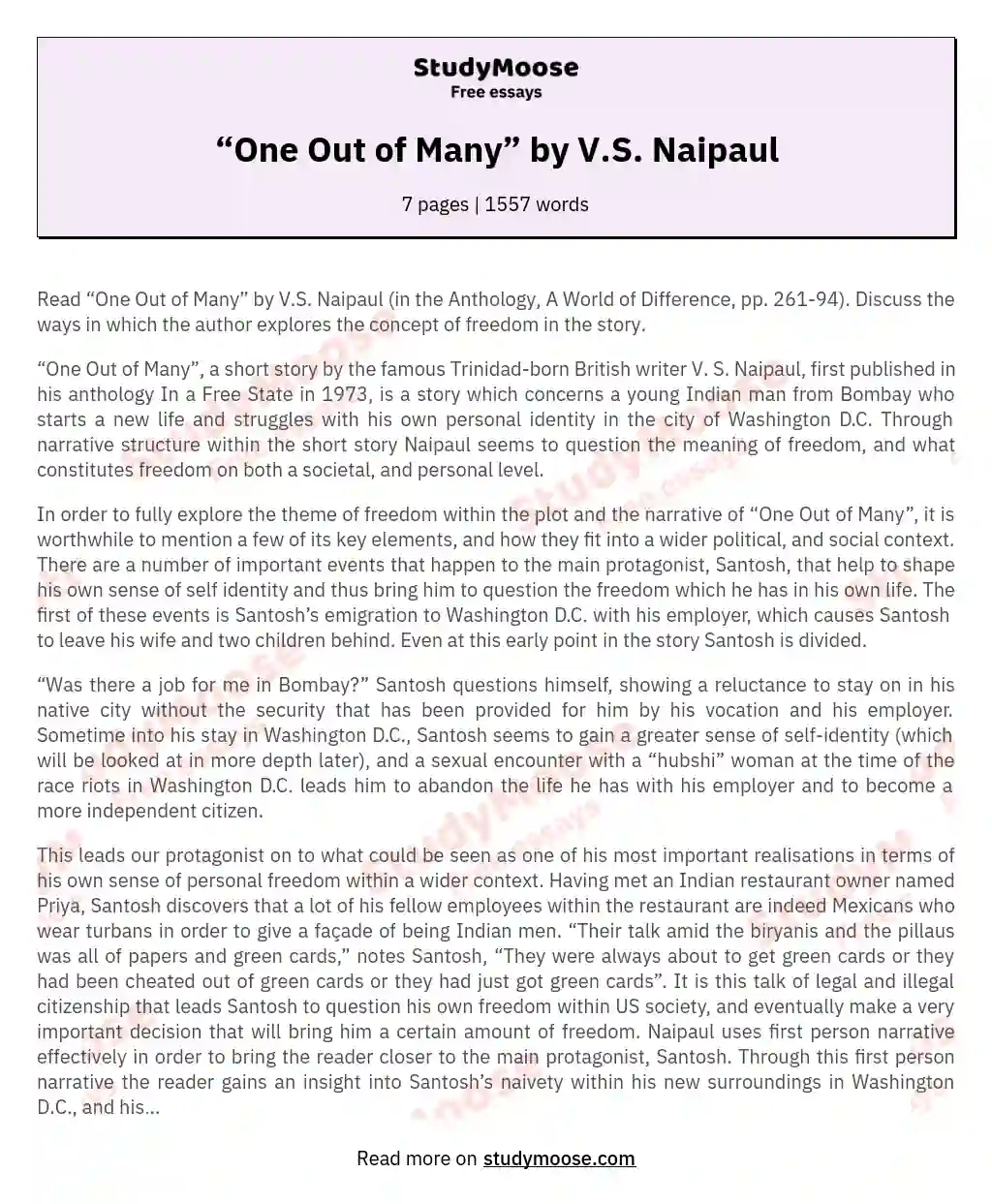 “One Out of Many” by V.S. Naipaul essay