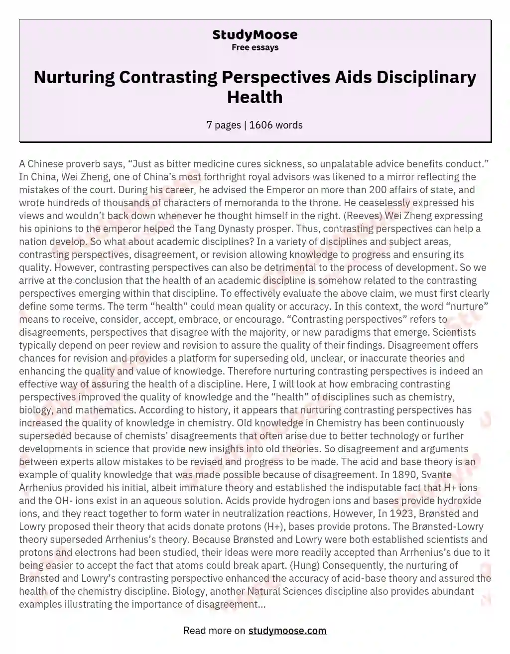 Nurturing Contrasting Perspectives Aids Disciplinary Health