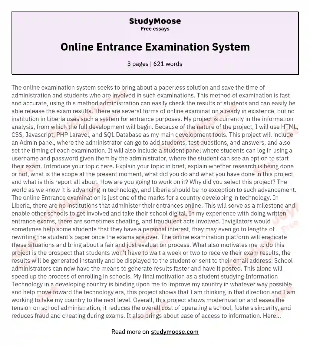 Online Entrance Examination System essay