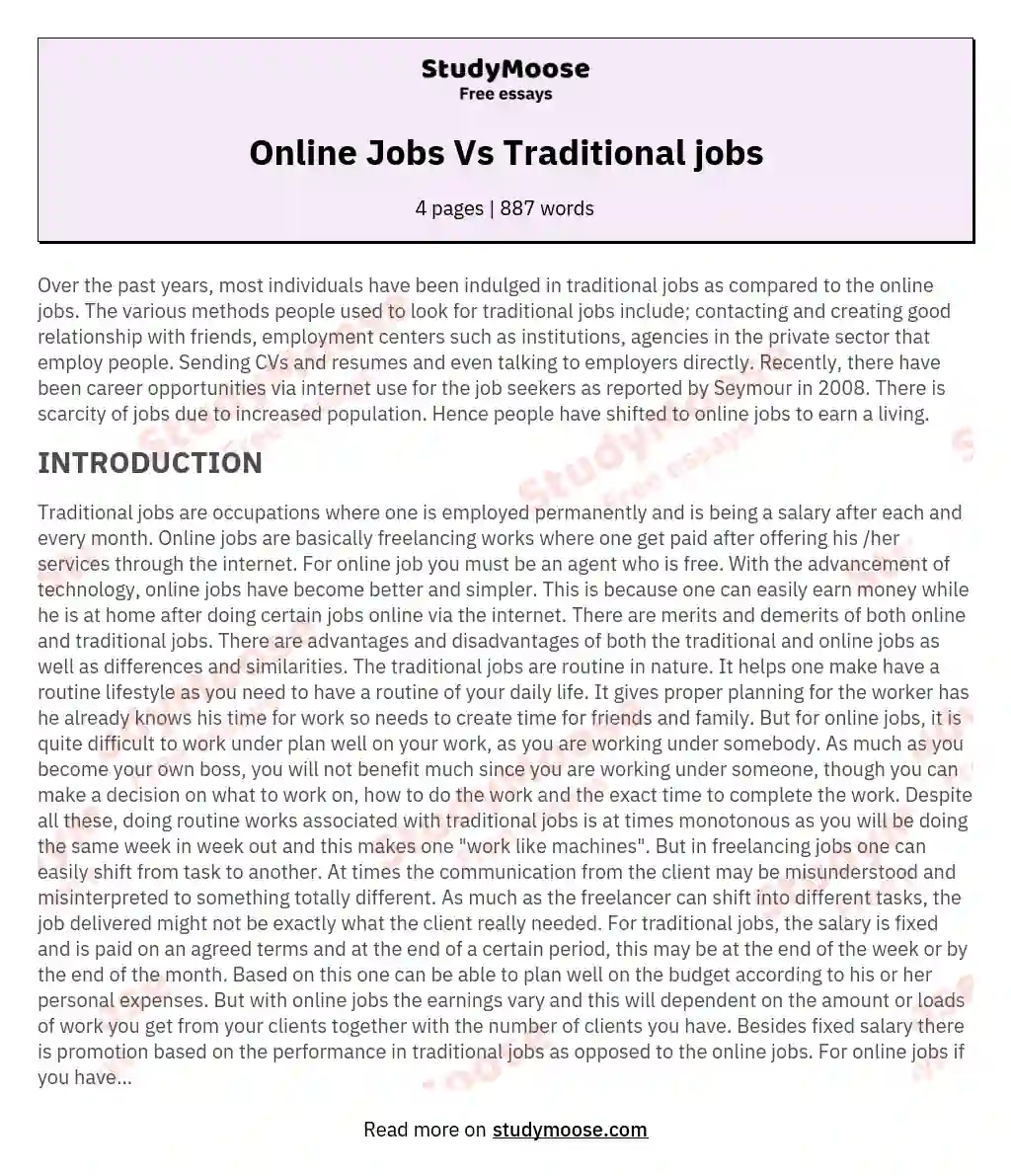Online Jobs Vs Traditional jobs essay