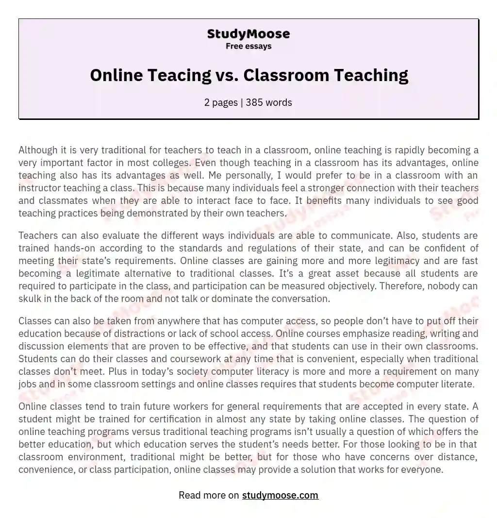 Online Teacing vs. Classroom Teaching essay