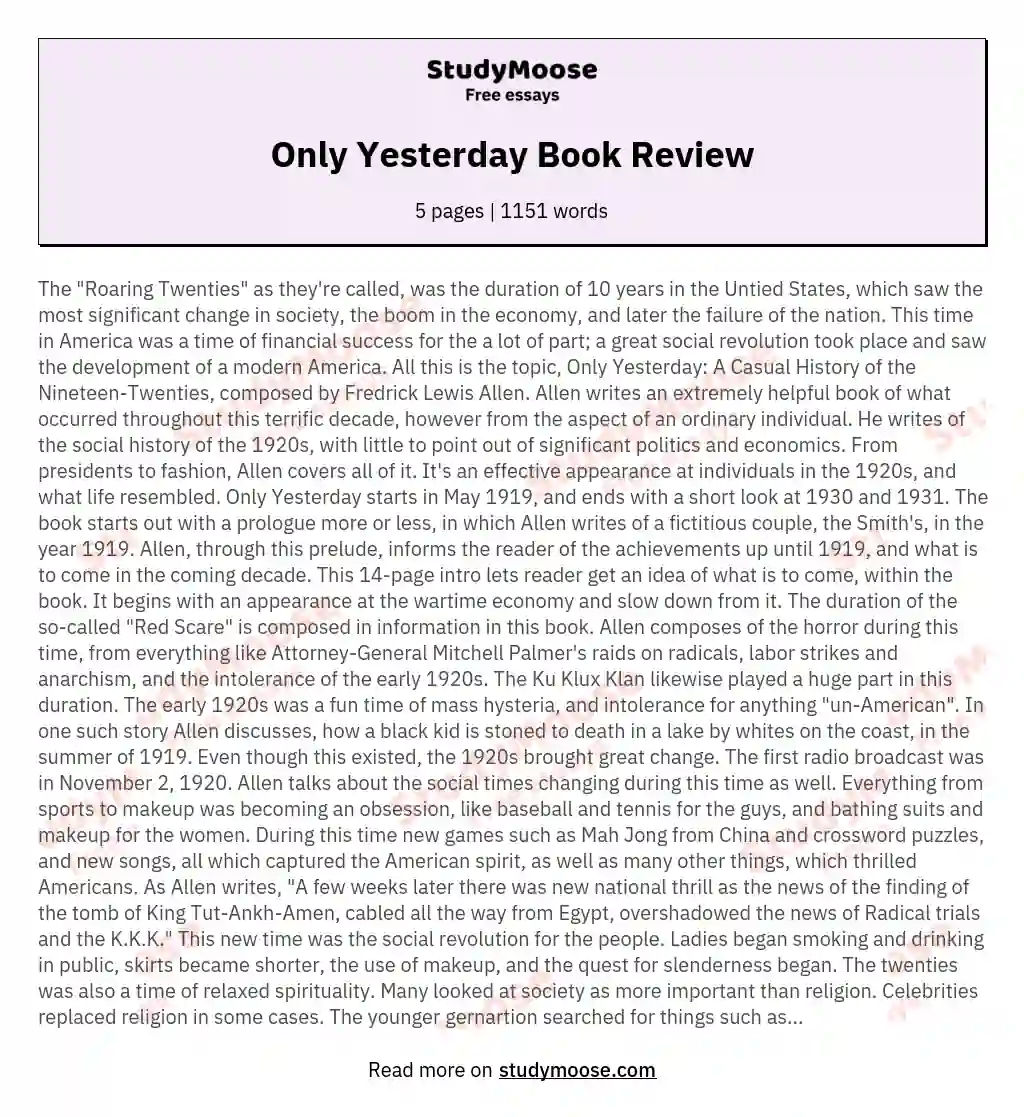 Only Yesterday Book Review essay