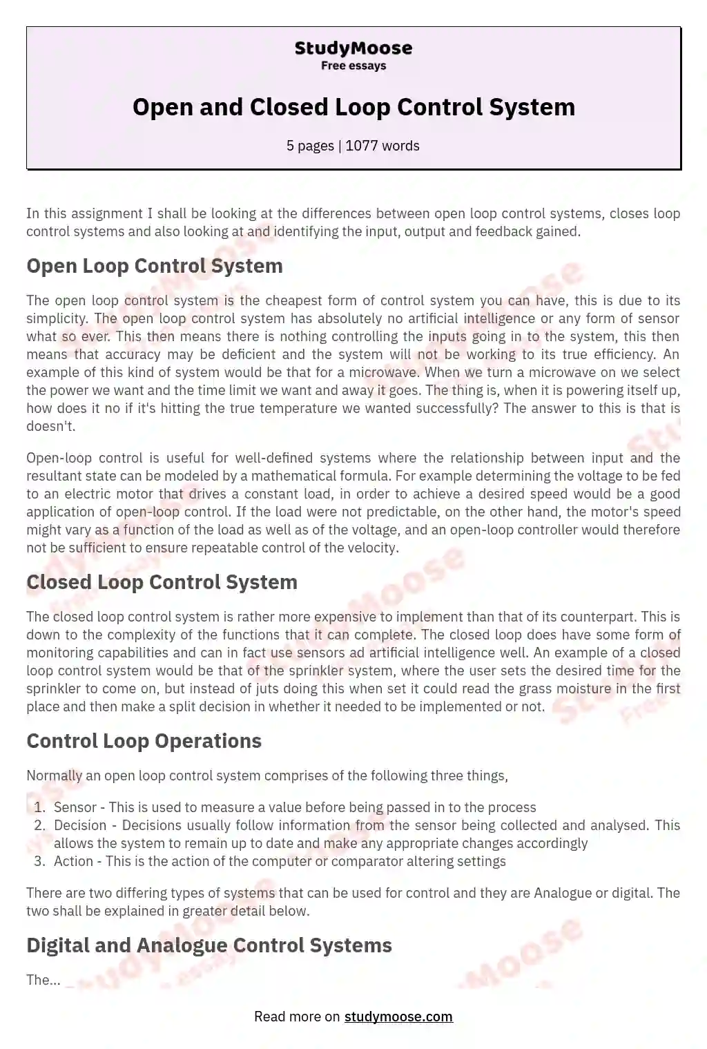 Open and Closed Loop Control System essay