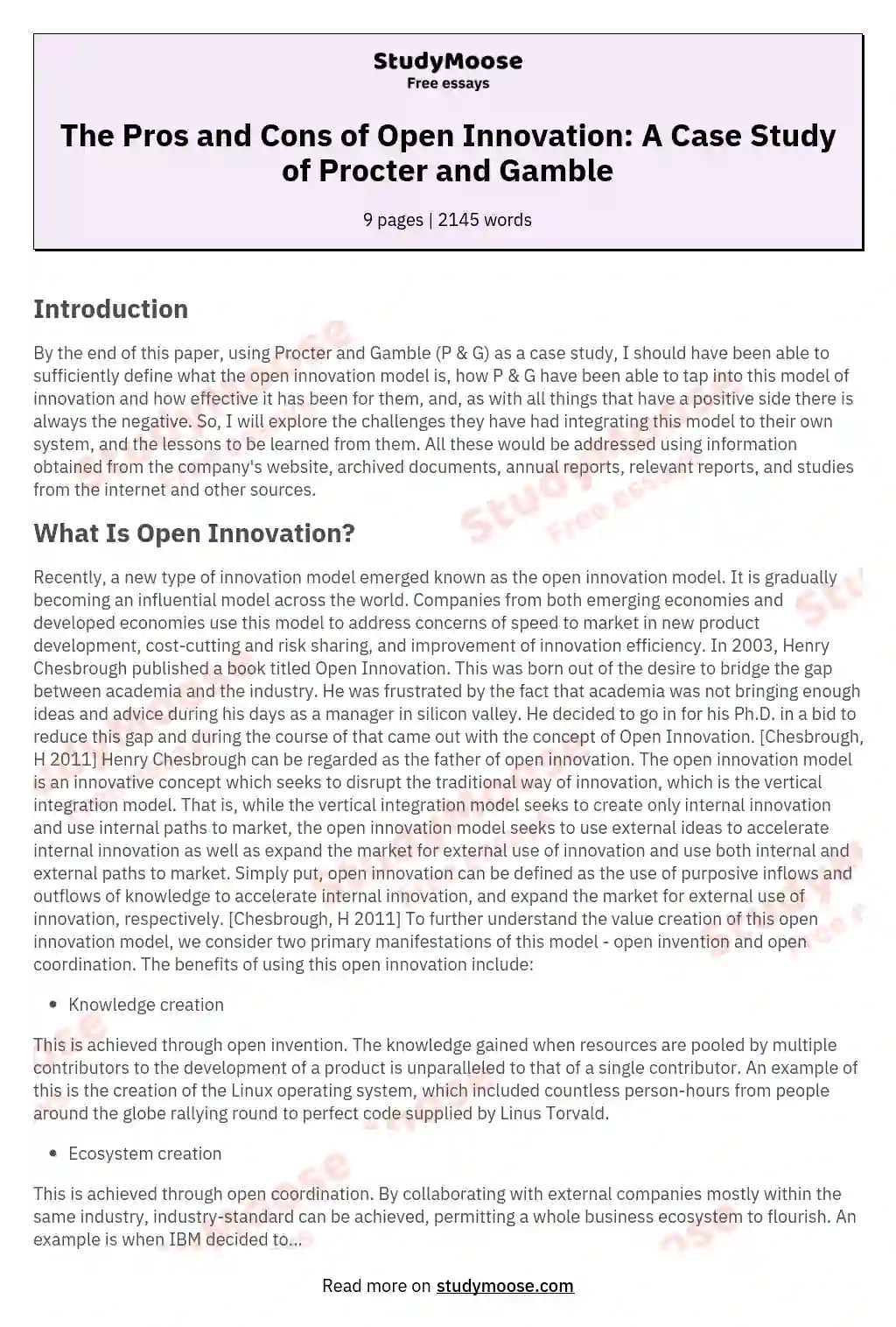 The Pros and Cons of Open Innovation: A Case Study of Procter and Gamble