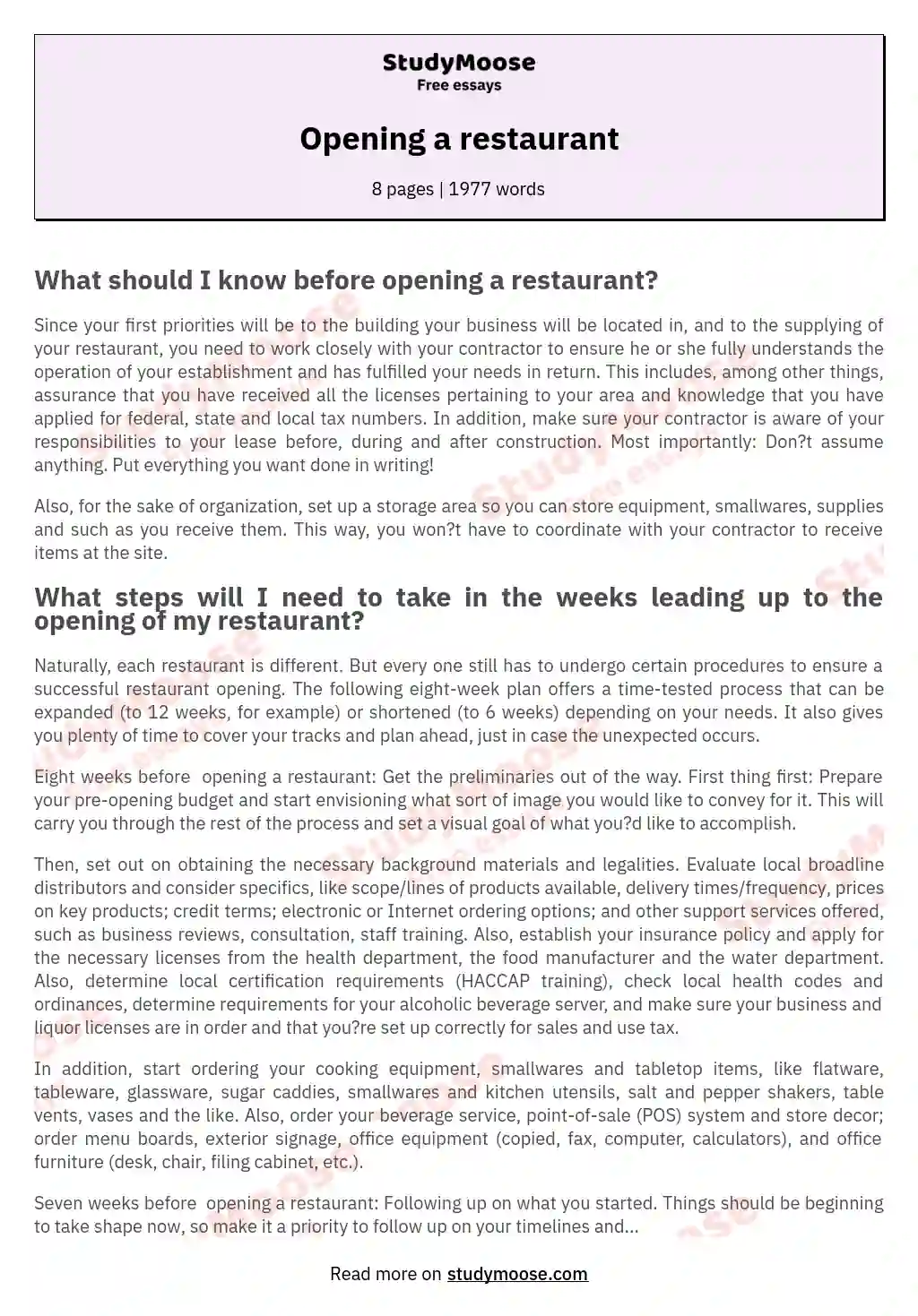 business restaurant essay
