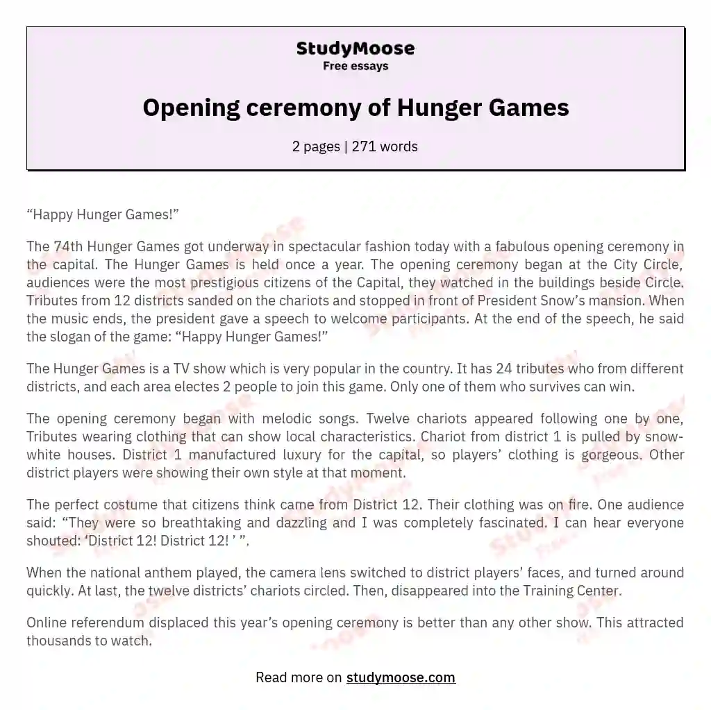 Opening ceremony of Hunger Games essay