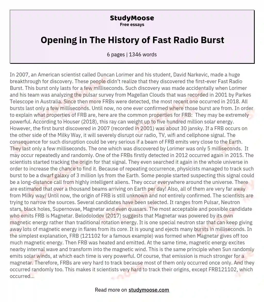 Opening in The History of Fast Radio Burst essay