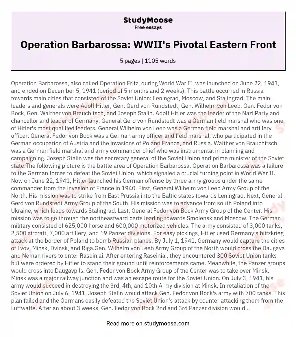 Operation Barbarossa: WWII's Pivotal Eastern Front essay