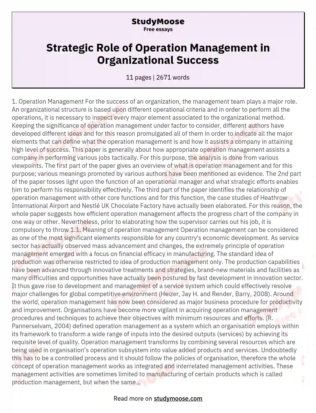 Strategic Role of Operation Management in Organizational Success essay