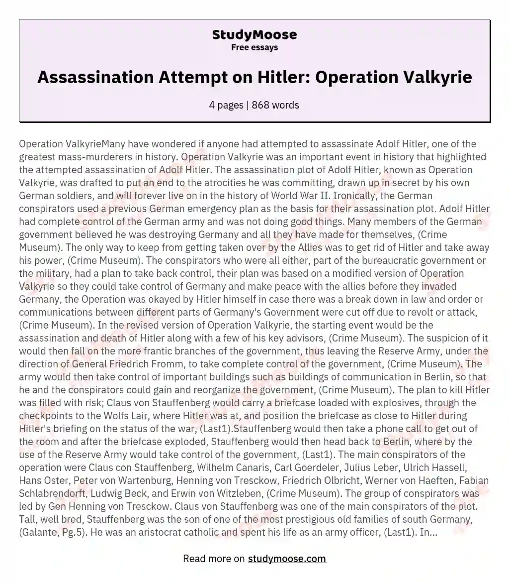 Assassination Attempt on Hitler: Operation Valkyrie essay