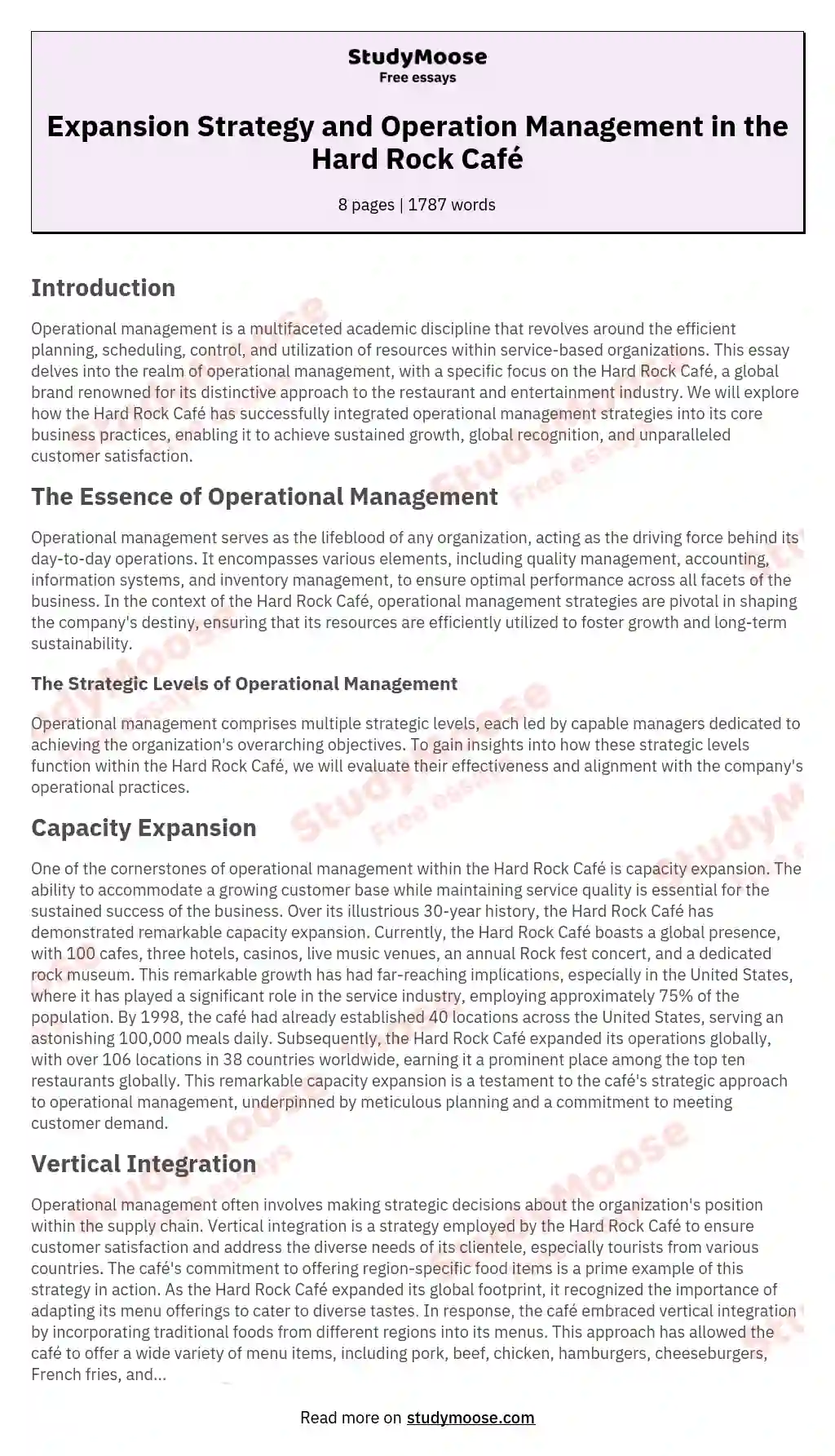 Expansion Strategy and Operation Management in the Hard Rock Café essay