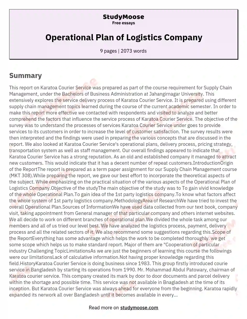 Operational Plan of Logistics Company essay