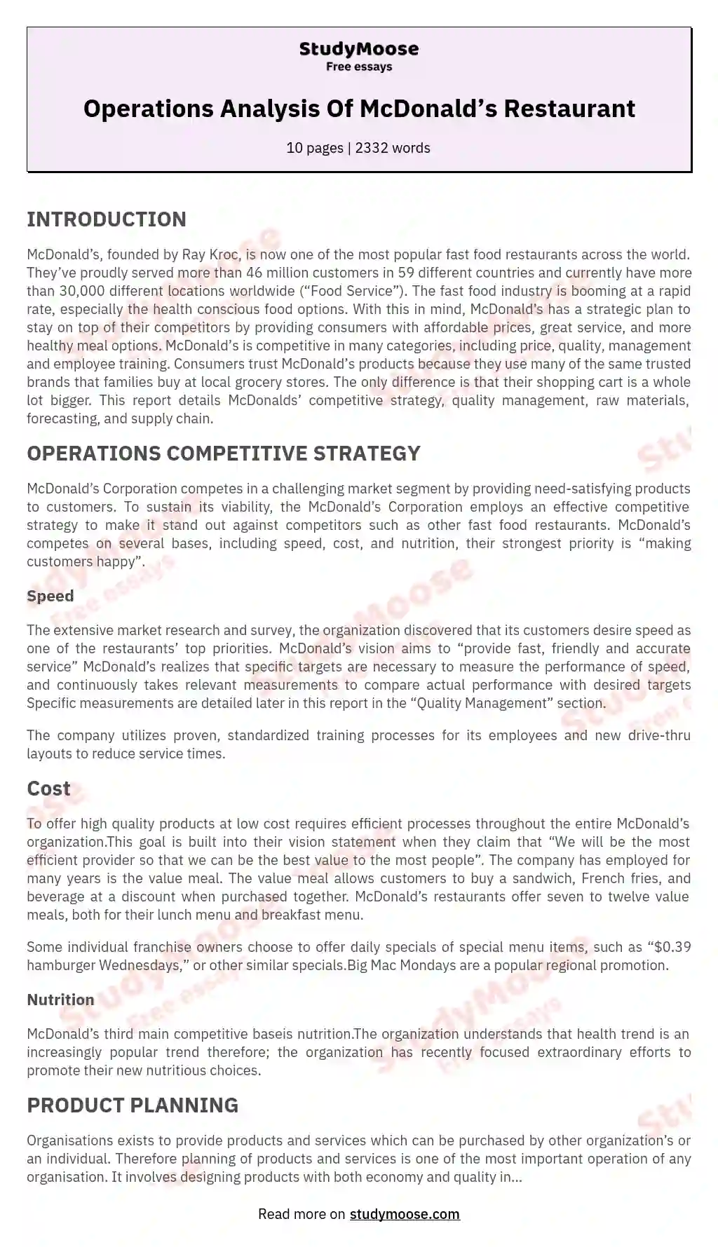 Operations Analysis Of McDonald’s Restaurant essay