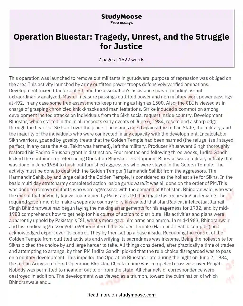Operation Bluestar: Tragedy, Unrest, and the Struggle for Justice essay