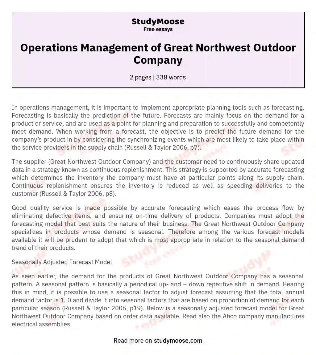 Operations Management of Great Northwest Outdoor Company essay