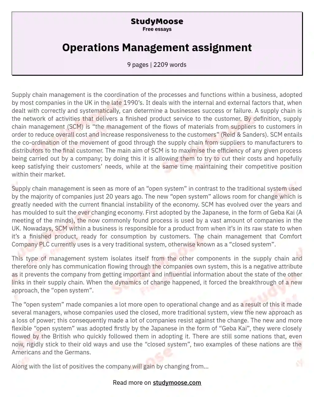Operations Management assignment essay