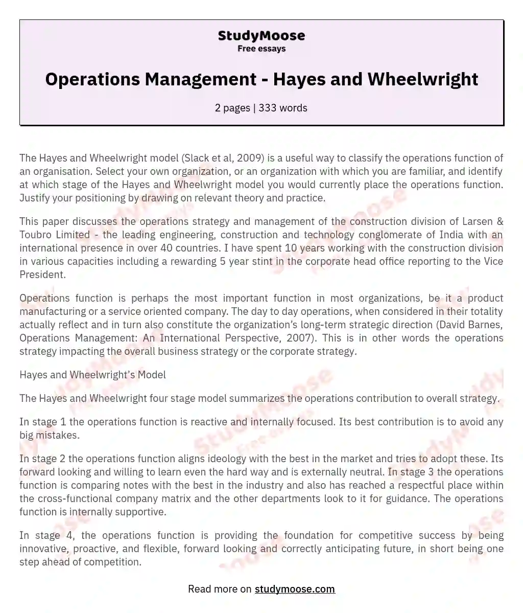 Operations Management - Hayes and Wheelwright essay