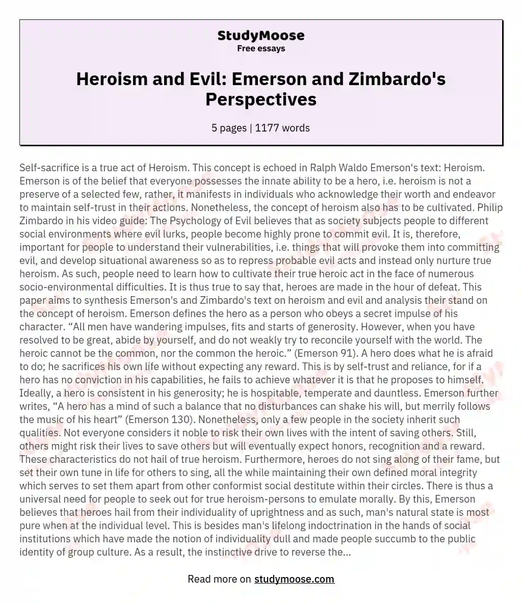 Opinions on Heroism and Evil in Ralph Waldo Emerson's Heroism and Philip Zimbardo's The Psychology of Evil