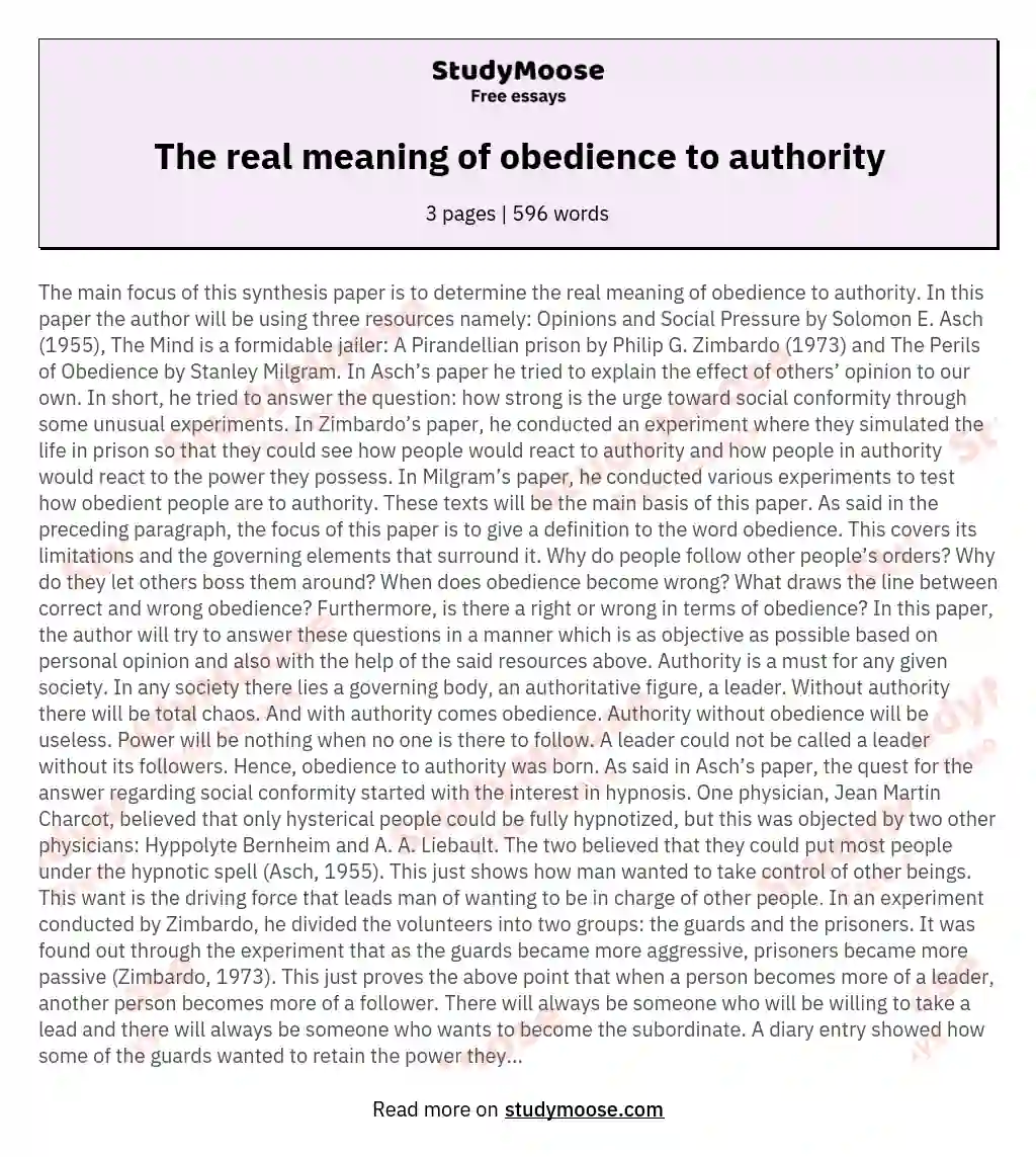 The real meaning of obedience to authority essay