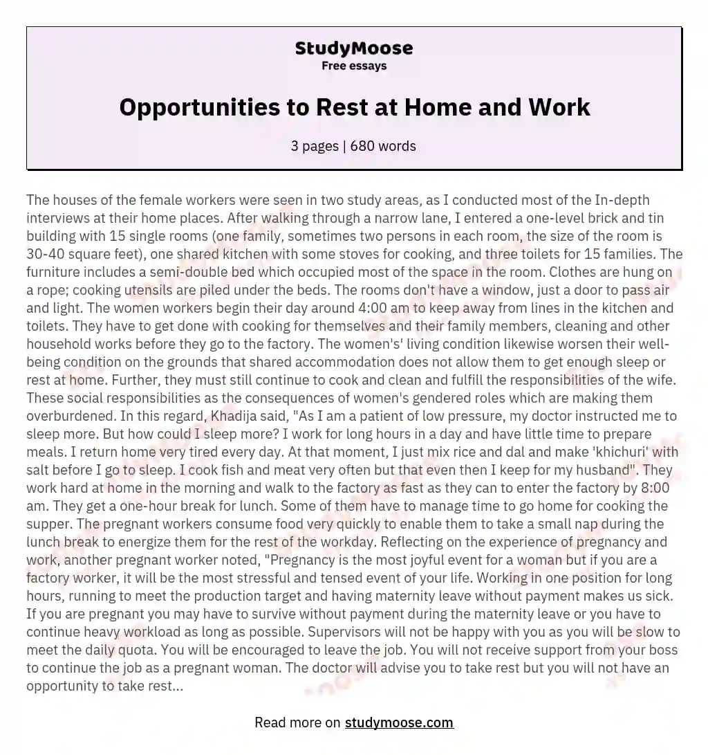 Opportunities to Rest at Home and Work essay