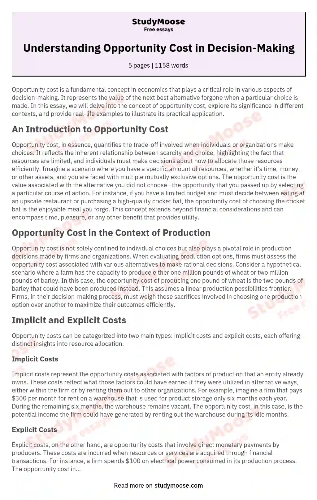 Economics opportunity cost essay