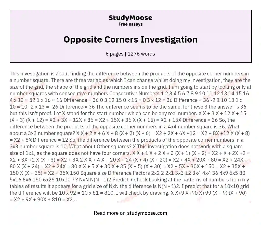 Opposite Corners Investigation essay