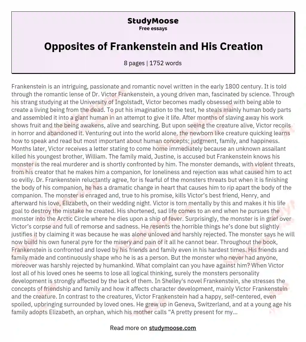 Opposites of Frankenstein and His Creation essay
