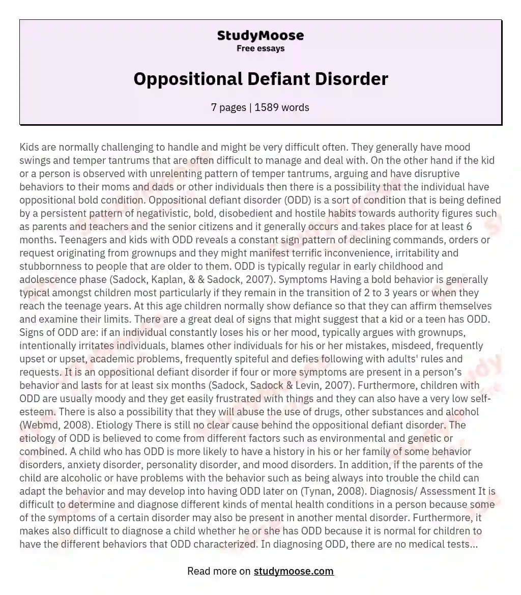 Oppositional Defiant Disorder essay