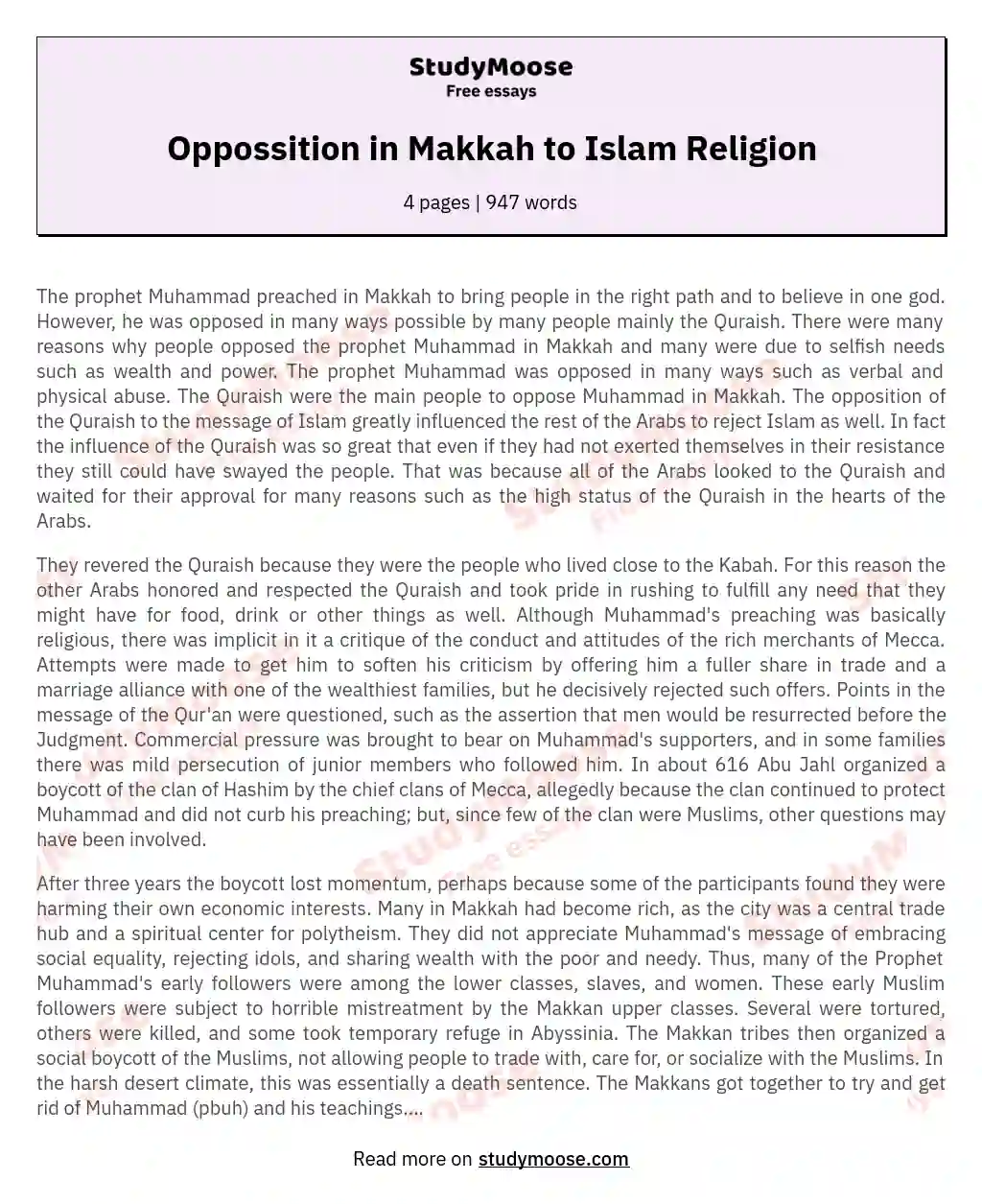 Oppossition in Makkah to Islam Religion essay
