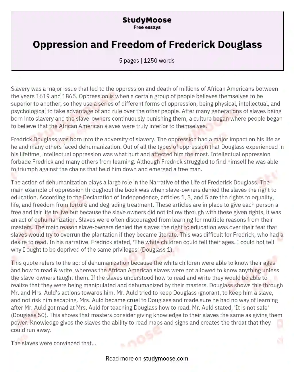 Oppression and Freedom of Frederick Douglass essay