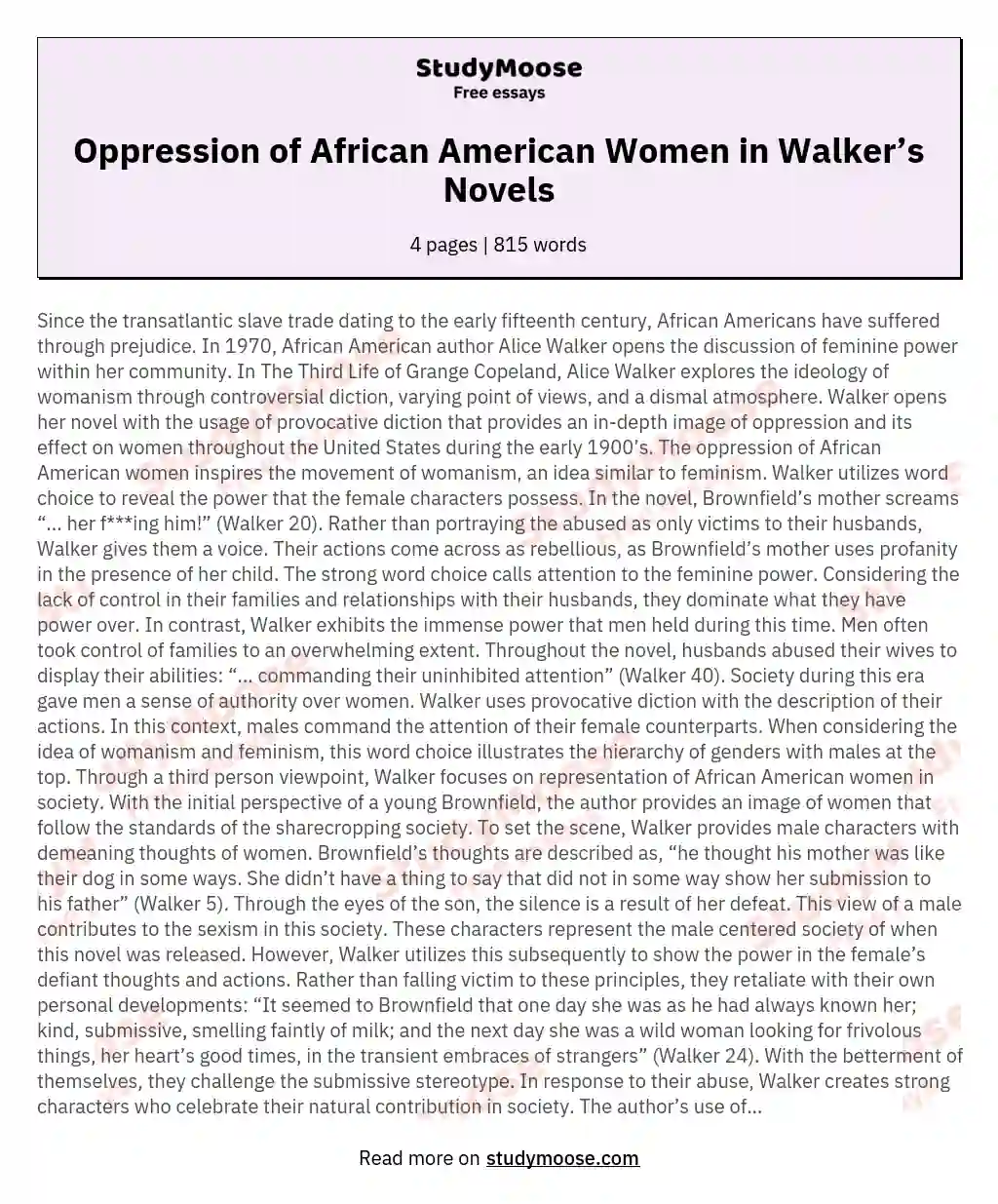 Oppression of African American Women in Walker’s Novels essay