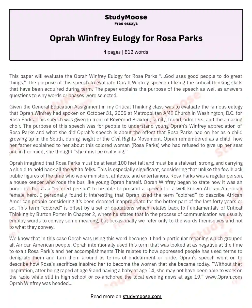 Oprah Winfrey Eulogy for Rosa Parks essay