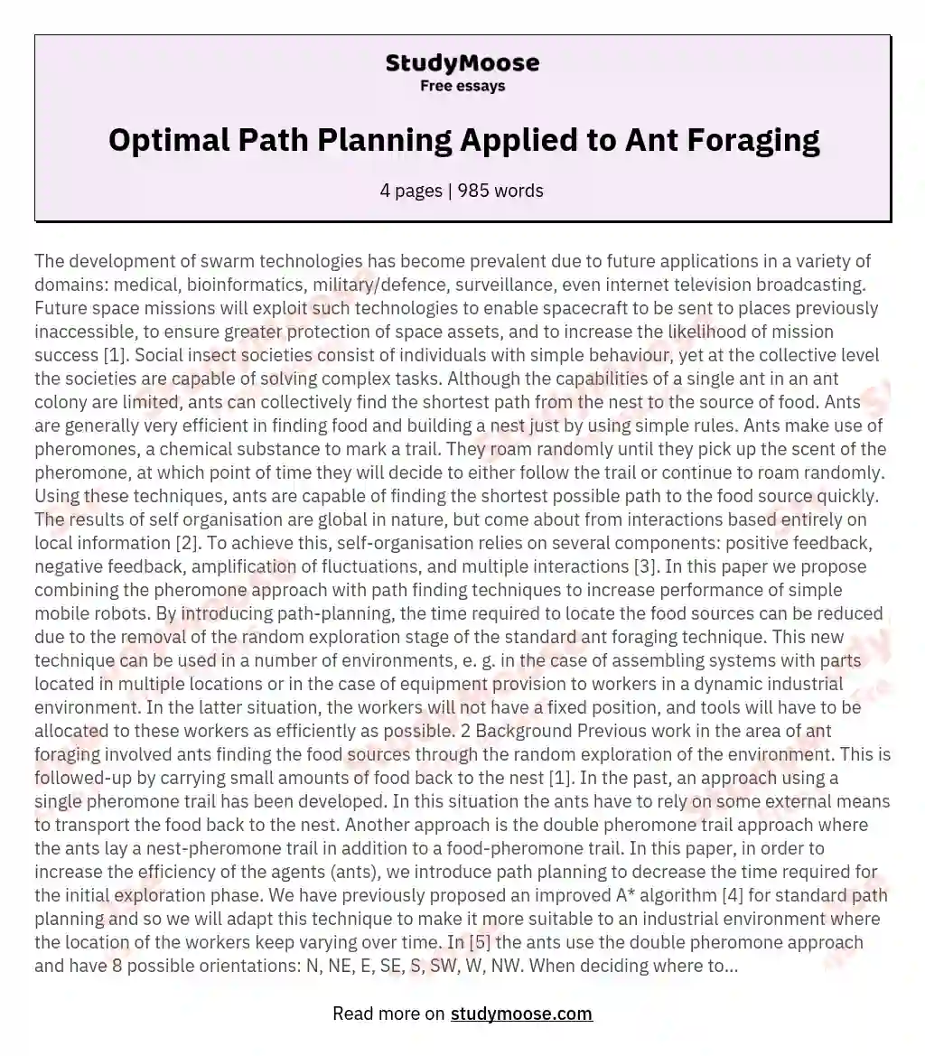Optimal Path Planning Applied to Ant Foraging essay