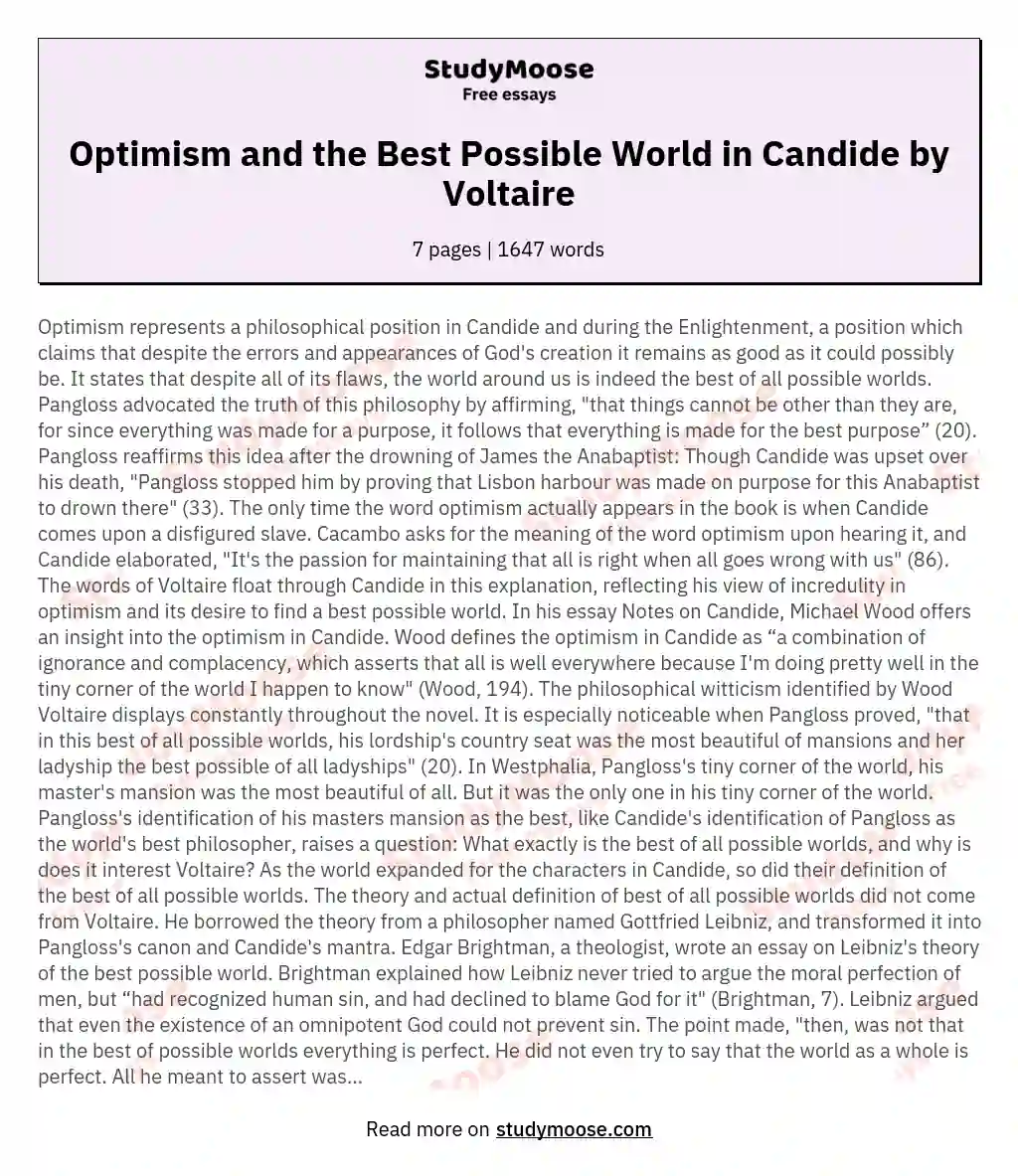 Optimism and the Best Possible World in Candide by Voltaire essay