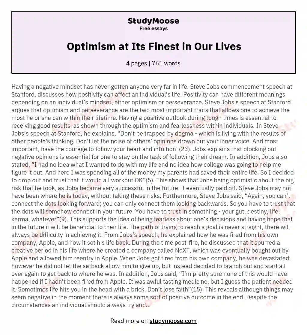 Optimism at Its Finest in Our Lives essay