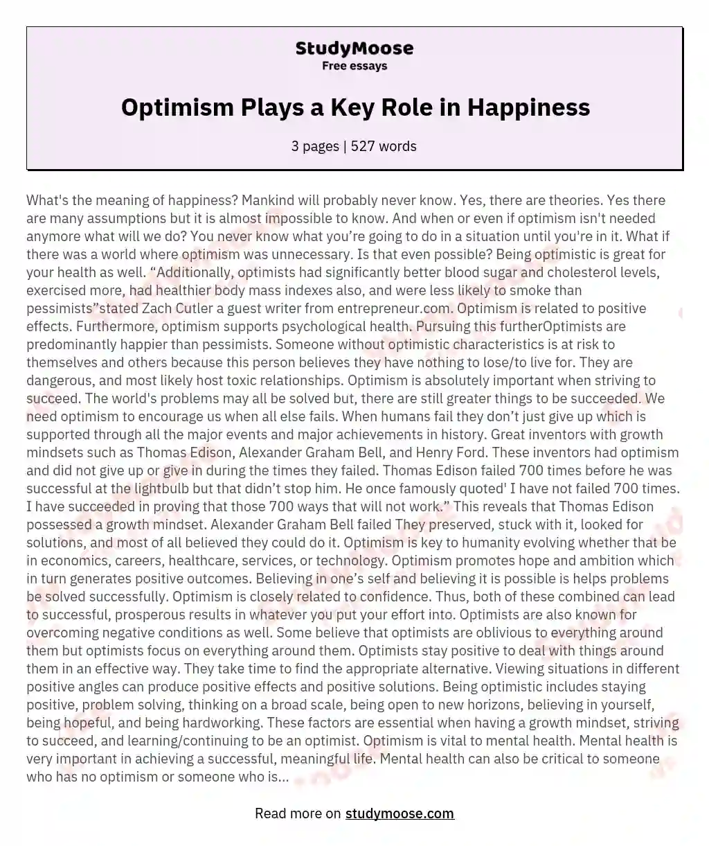 Optimism Plays a Key Role in Happiness essay