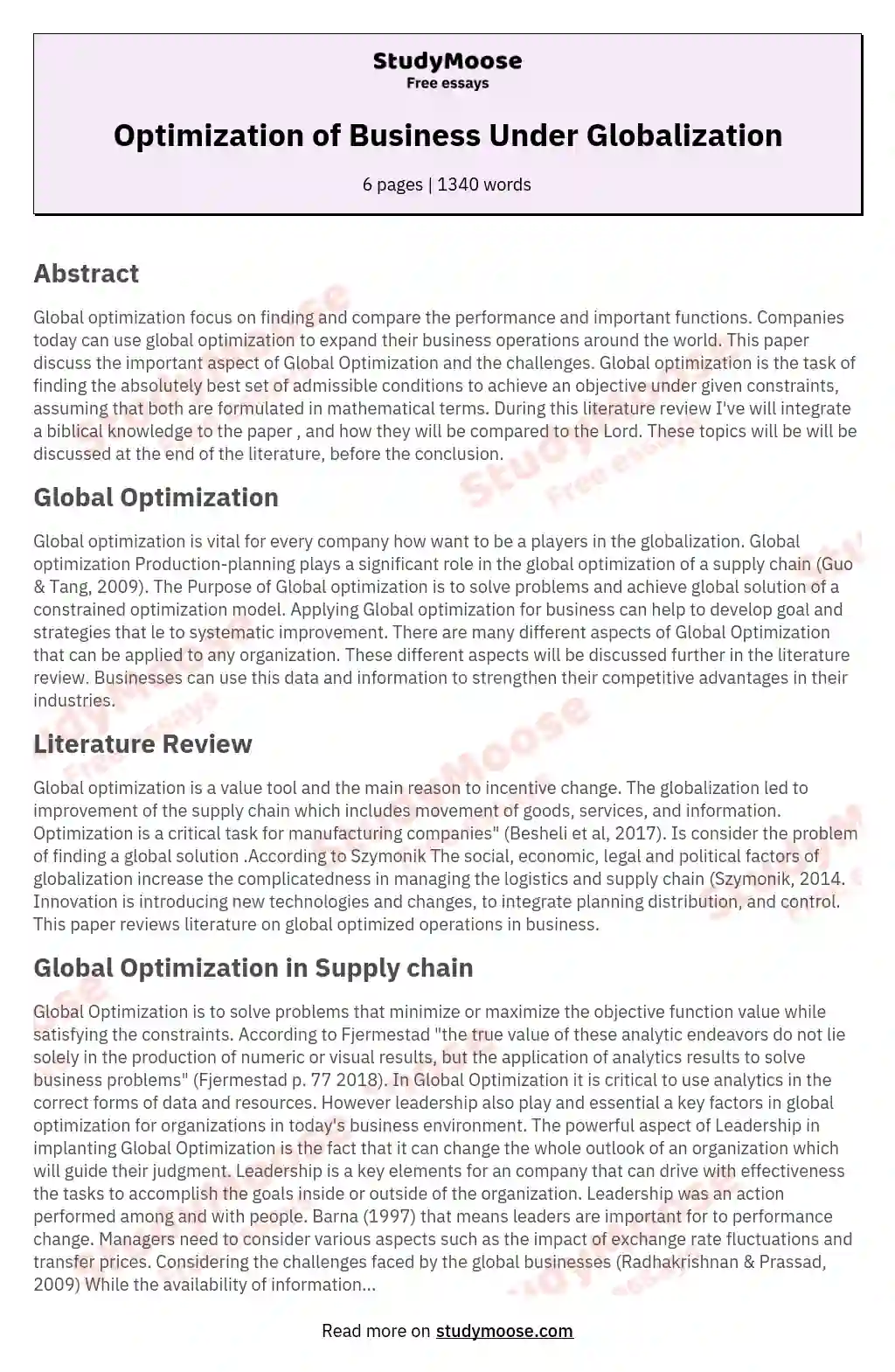 Optimization of Business Under Globalization essay