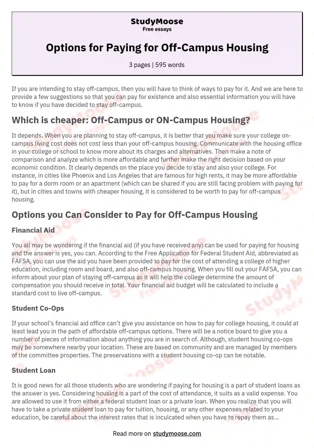 Options for Paying for Off-Campus Housing