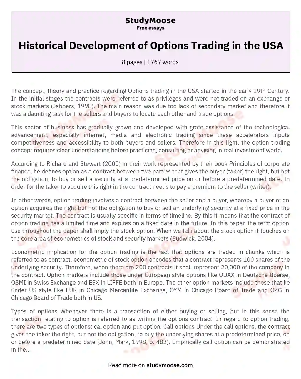 Historical Development of Options Trading in the USA essay