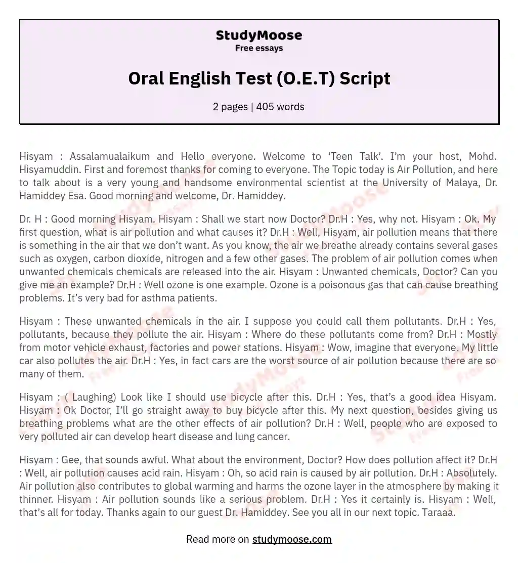 Oral English Test (O.E.T) Script essay