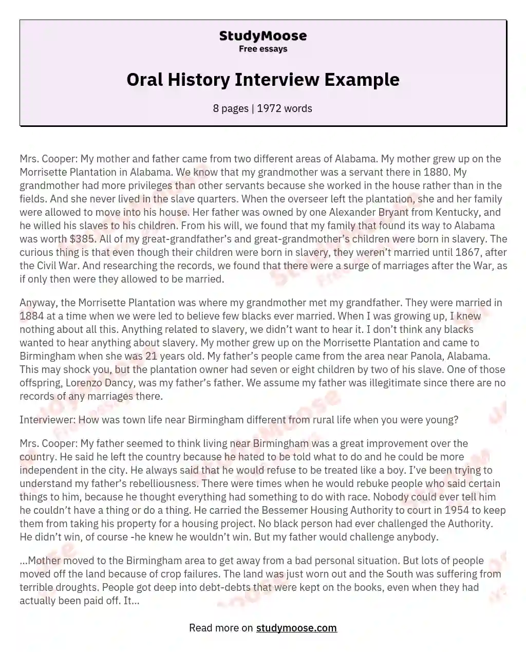 Oral History Interview Example essay