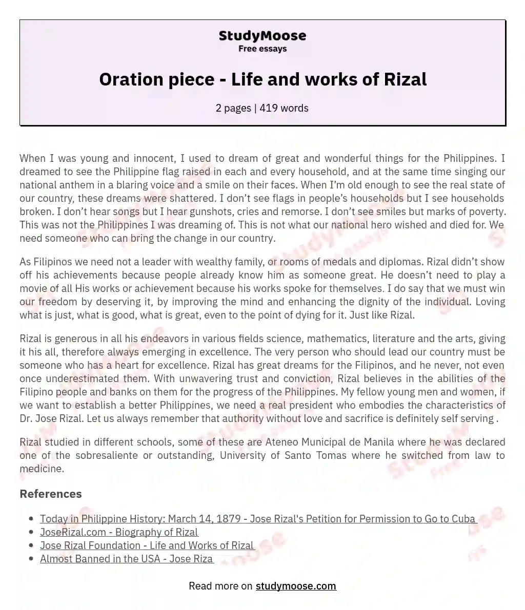 Oration piece - Life and works of Rizal essay