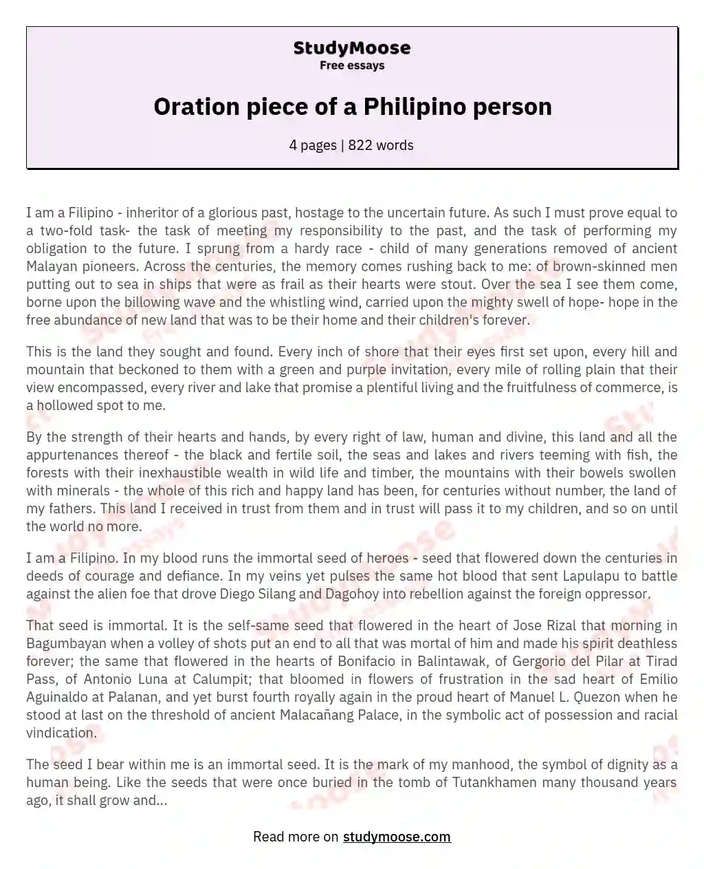 Oration piece of a Philipino person essay