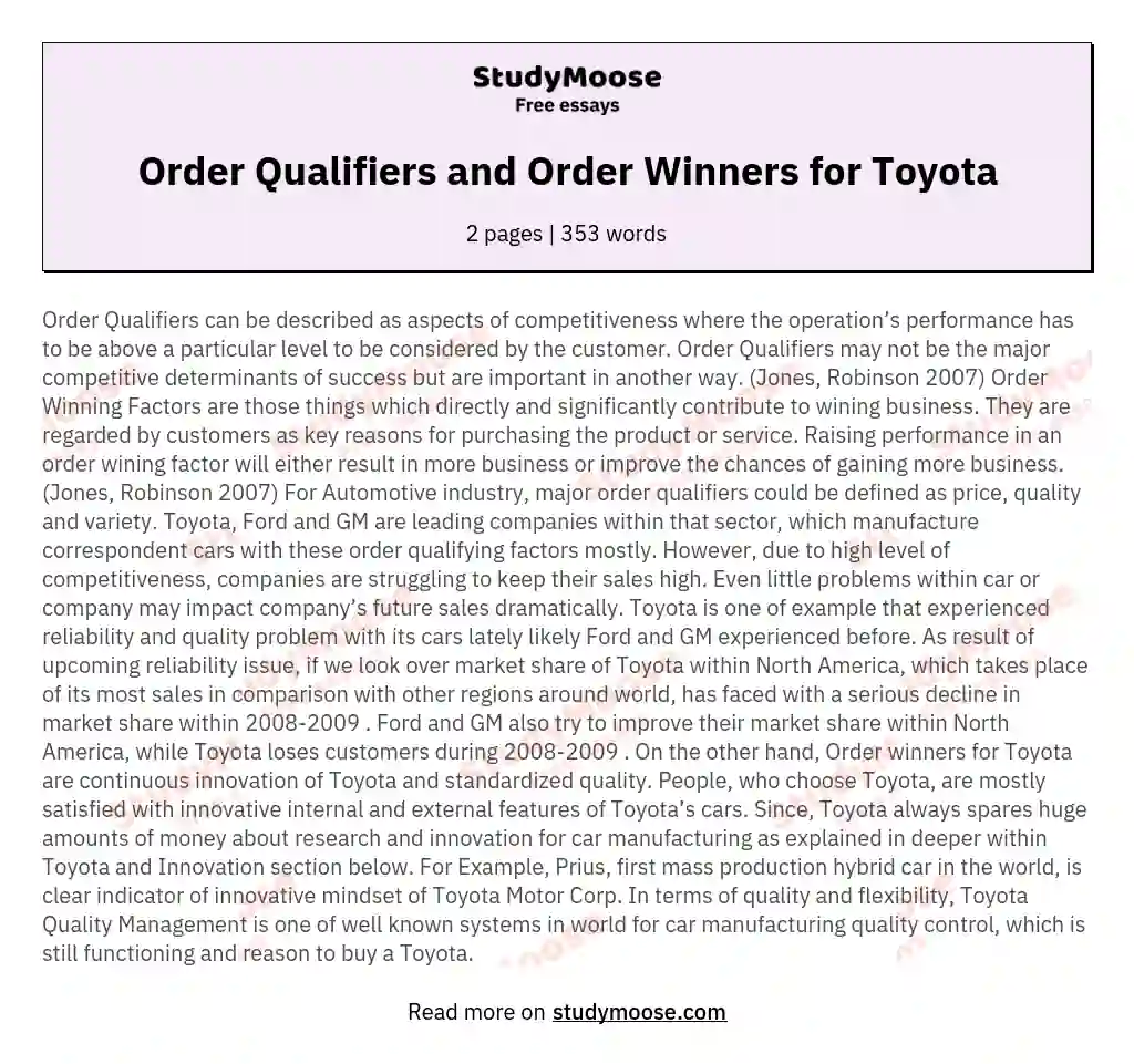 Order Qualifiers and Order Winners for Toyota essay