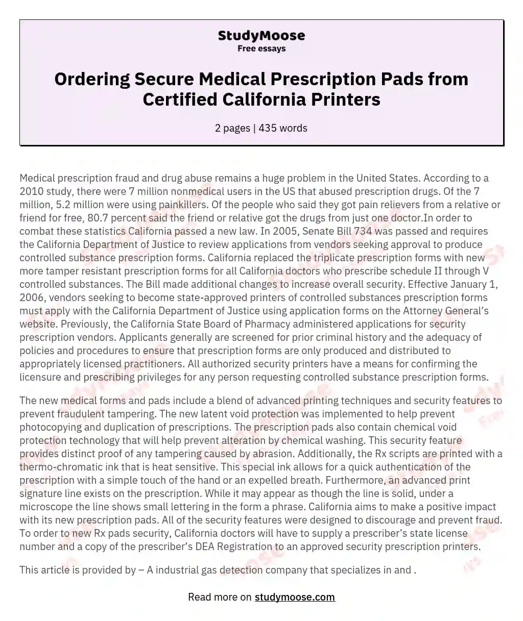 Ordering Secure Medical Prescription Pads from Certified California Printers essay