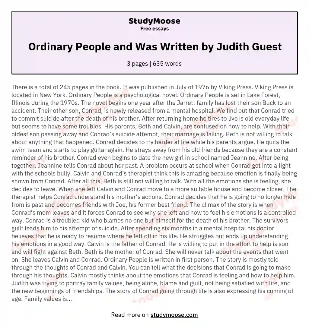 Ordinary People and Was Written by Judith Guest essay