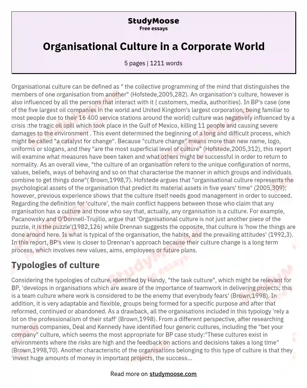 Organisational Culture in a Corporate World essay