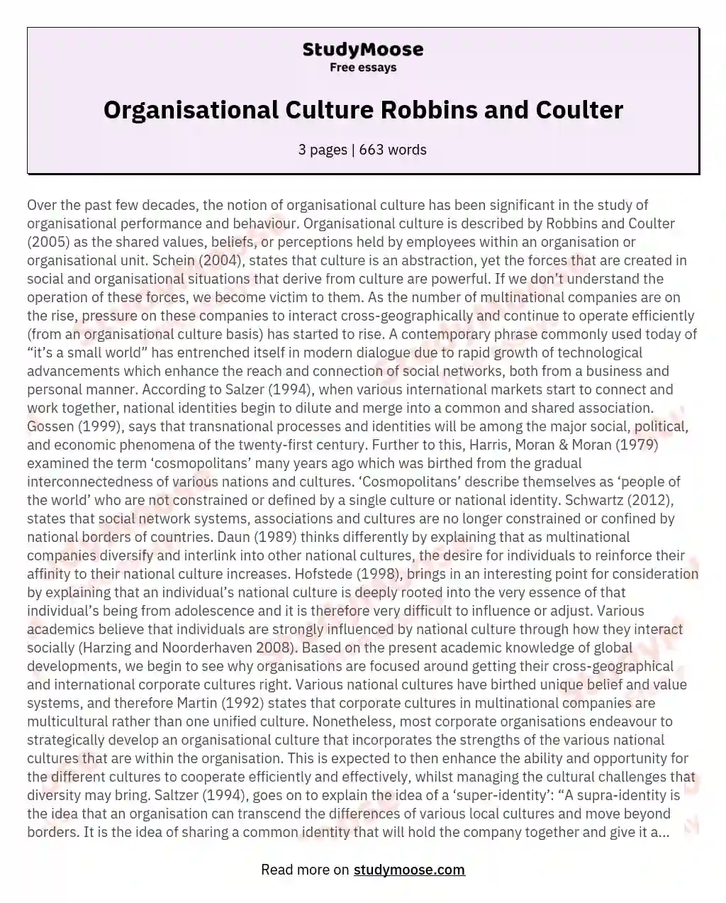 Organisational Culture Robbins and Coulter essay