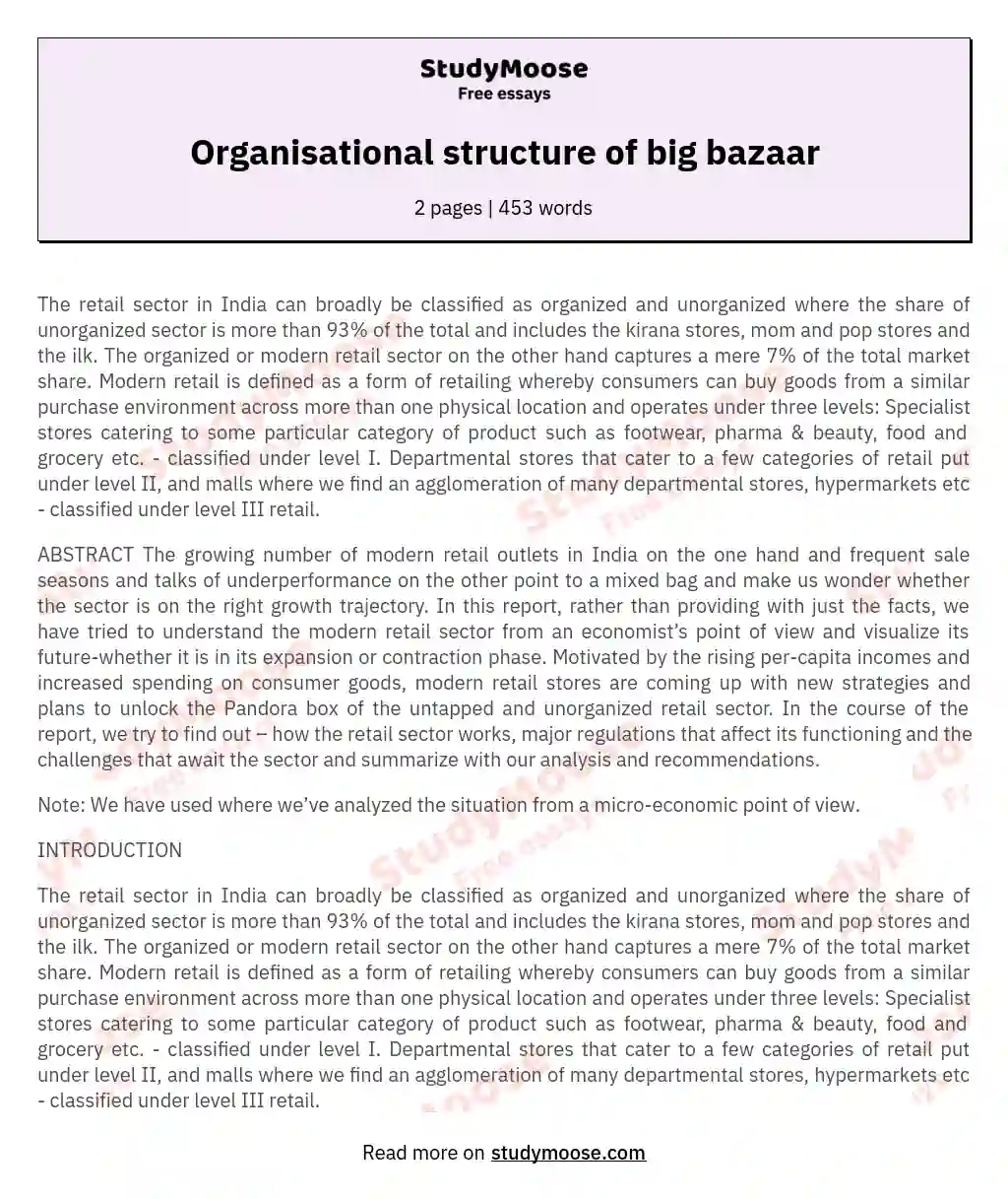 Organisational structure of big bazaar essay
